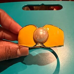 Yellow Enamel Clamper Bracelet with Pearl Accent